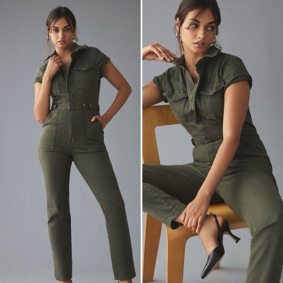 Good American Fit for Success Short Sleeve Forest Green Denim Jumpsuit - Picture 1 of 15